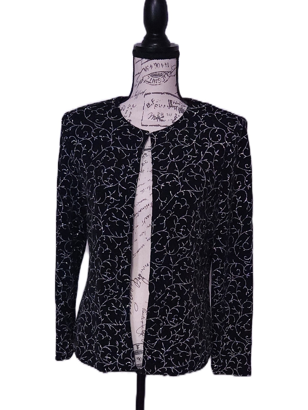 Xscape By Jackie Chen Black Embroidered Open-Front Women's Blazer Jacket EUC Med